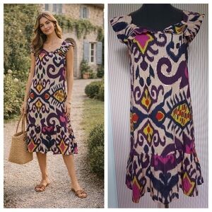Purple Pink Ikat Print Dress Size M Cotton Boho Summer Boutique Dress